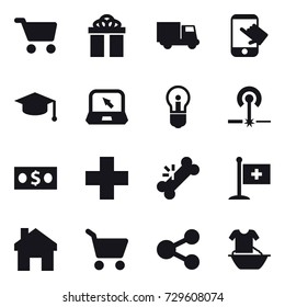 16 vector icon set : cart, gift, truck, touch, graduate hat, notebook, bulb, laser, money, home, handle washing