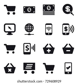 16 vector icon set : cart, money, dollar arrow, monitor arrow, globe connect, phone wireless, phone pay, mobile pay, add to basket, remove from basket, delete cart, delivery, mobile checking