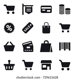 16 vector icon set : cart, shop signboard, card, coin stack, percent, sale, shopping bag, basket, credit card, shop