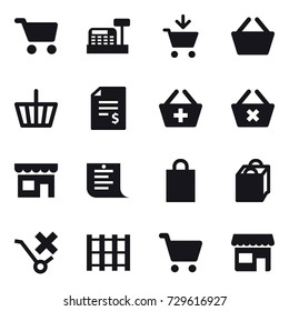 16 vector icon set : cart, cashbox, add to cart, basket, account balance, add to basket, delete cart, shop, shopping list, shopping bag