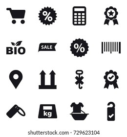 16 vector icon set : cart, percent, calculator, medal, bio, sale, barcode, handle washing, please clean