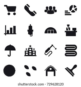 16 vector icon set : cart, phone, group, diagram, graph, spark plug, hangare, hotel, towel, seeds, barn, scraper