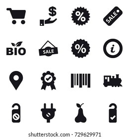 16 vector icon set : cart, investment, percent, sale, bio, info, train, do not distrub, pear, please clean