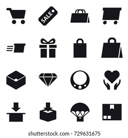 16 vector icon set : cart, sale, shopping bag, delivery, gift, box, diamond, necklace, package