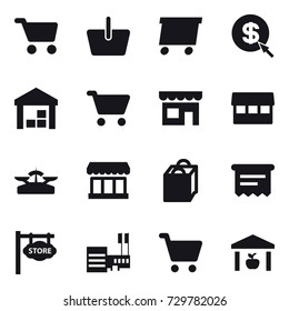 16 vector icon set : cart, basket, delivery, dollar arrow, warehouse, shop, market, scales, shopping bag, atm receipt, store signboard, mall
