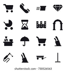 16 vector icon set : cart, phone, delivery, diamond, baby stroller, palace, arch, stands for knives, knife holder, trailer, rake