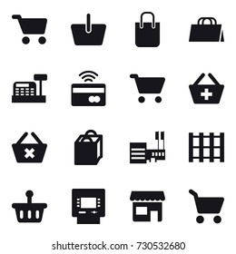 16 vector icon set : cart, basket, shopping bag, cashbox, tap to pay, add to basket, delete cart, mall, atm, shop