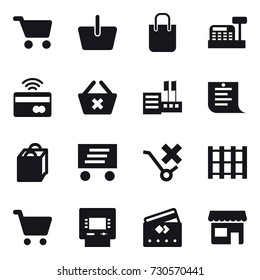 16 vector icon set : cart, basket, shopping bag, cashbox, tap to pay, delete cart, store, shopping list, delivery, atm, credit card, shop
