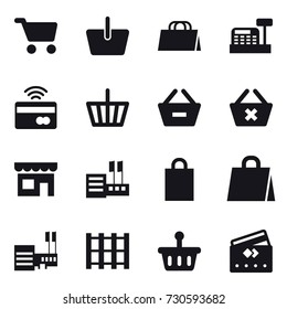 16 vector icon set : cart, basket, shopping bag, cashbox, tap to pay, remove from basket, delete cart, shop, store, mall, credit card