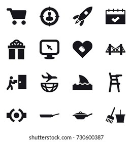 16 vector icon set : cart, target audience, rocket, calendar, gift, monitor arrow, bridge, shark flipper, Chair for babies, pan, bucket and broom