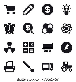 16 vector icon set : cart, pencil, dollar, bulb, alarm clock, dollar arrow, atom core, atom, nuclear, calculator, electricity, big spoon, tractor