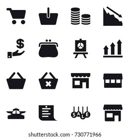 16 vector icon set : cart, basket, coin stack, crisis, investment, purse, presentation, graph up, delete cart, shop, market, scales, shopping list, sale