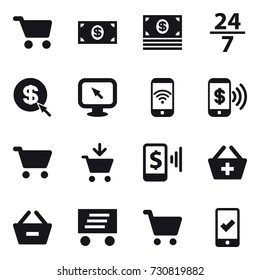 16 vector icon set : cart, money, 24/7, dollar arrow, monitor arrow, phone wireless, phone pay, add to cart, mobile pay, add to basket, remove from basket, delivery, mobile checking