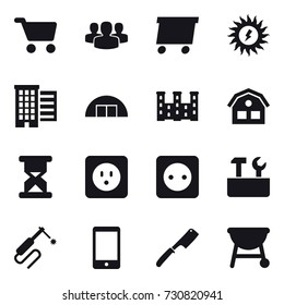 16 vector icon set : cart, group, delivery, sun power, houses, hangare, palace, house, power socket, repair tools, chef knife