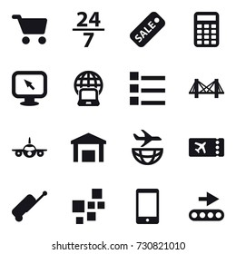 16 vector icon set : cart, 24/7, sale, calculator, monitor arrow, notebook globe, list, bridge, ticket, suitcase