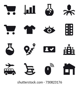 16 vector icon set : cart, graph, round flask, virus, t-shirt, check in, hotel, transfer, rocking chair, house