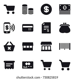 16 vector icon set : cart, coin stack, dollar, money, phone pay, credit card, account balance, purse, delete cart, market, barcode, atm receipt