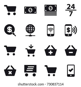 16 vector icon set : cart, money, 24/7, dollar arrow, globe connect, phone wireless, phone pay, add to cart, add to basket, remove from basket, delete cart, delivery, mobile checking