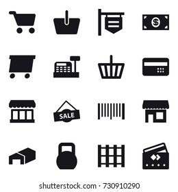 16 vector icon set : cart, basket, shop signboard, money, delivery, cashbox, credit card, market, sale, barcode, shop, warehouse