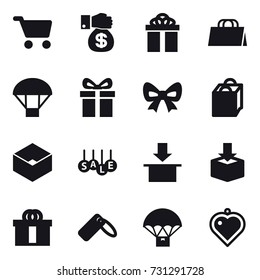 16 vector icon set : cart, money gift, gift, shopping bag, parachute, bow, box, sale, heart pendant