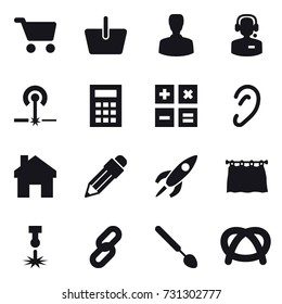 16 vector icon set : cart, basket, man, call center, laser, calculator, home, pencil, curtain, big spoon