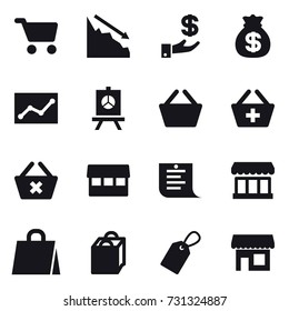 16 vector icon set : cart, crisis, investment, money bag, statistic, presentation, basket, add to basket, delete cart, market, shopping list, shopping bag, label, shop