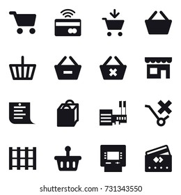 16 vector icon set : cart, tap to pay, add to cart, basket, remove from basket, delete cart, shop, shopping list, shopping bag, mall, atm, credit card