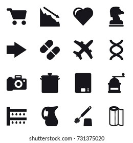 16 vector icon set : cart, crisis, heart, chess horse, right arrow, pan, kitchen scales, hand mill, watering, jug, toilet brush, paper towel