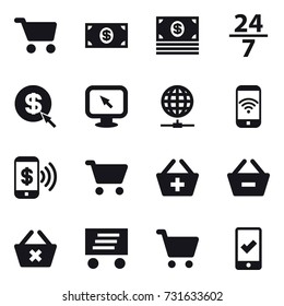 16 vector icon set : cart, money, 24/7, dollar arrow, monitor arrow, globe connect, phone wireless, phone pay, add to basket, remove from basket, delete cart, delivery, mobile checking
