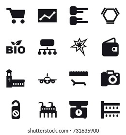16 vector icon set : cart, statistic, diagram, hex molecule, bio, structure, bang, wallet, church, lounger, camera, do not distrub, kitchen scales, watering