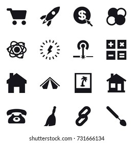 16 vector icon set : cart, rocket, dollar arrow, atom core, atom, lightning, laser, calculator, home, tent, photo, phone, broom, big spoon
