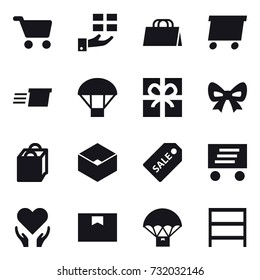 16 vector icon set : cart, gift, shopping bag, delivery, parachute, bow, box, sale label, rack