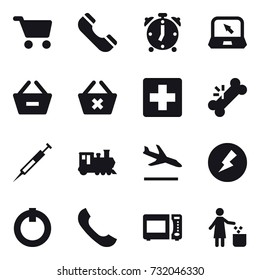 16 vector icon set : cart, phone, alarm clock, notebook, remove from basket, delete cart, train, arrival, electricity, garbage bin
