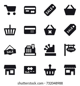 16 vector icon set : cart, card, sale, basket, credit card, delete cart, sale label, cashbox, store signboard, shop