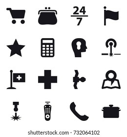 16 vector icon set : cart, purse, 24/7, flag, star, calculator, bulb head, laser, map, pan