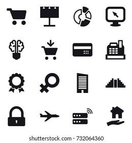 16 vector icon set : cart, billboard, circle diagram, monitor arrow, bulb brain, add to cart, credit card, cashbox, medal, skyscraper, pyramid, lock, plane, housing