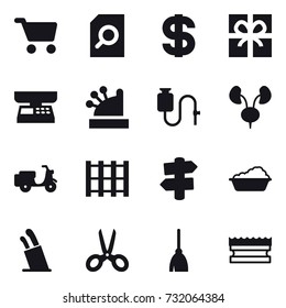 16 vector icon set : cart, search document, dollar, gift, market scales, cashbox, signpost, washing, stands for knives, scissors, broom, sponge