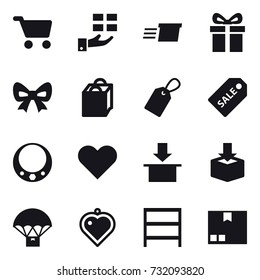 16 vector icon set : cart, gift, delivery, bow, shopping bag, label, sale label, necklace, heart pendant, rack, package