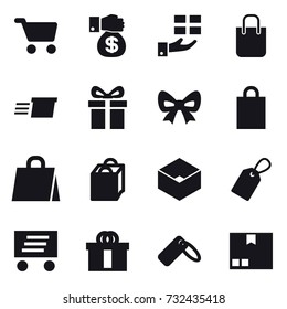 16 vector icon set : cart, money gift, gift, shopping bag, delivery, bow, box, label, package