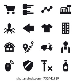 16 vector icon set : cart, diagram, graph, cashbox, virus, left arrow, t-shirt, house