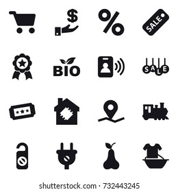 16 vector icon set : cart, investment, percent, sale, medal, bio, pass card, ticket, smart house, train, do not distrub, pear, handle washing