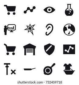 16 vector icon set : cart, graph, eye, round flask, presentation, bang, earth, garage, pan, handle washing