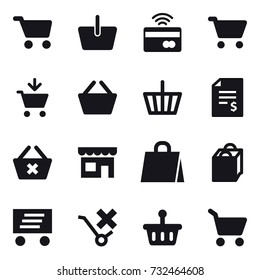 16 vector icon set : cart, basket, tap to pay, add to cart, account balance, delete cart, shop, shopping bag, delivery