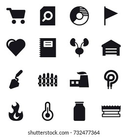 16 vector icon set : cart, search document, circle diagram, flag, heart, copybook, garage, construction, fence, sponge