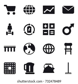16 vector icon set : cart, globe, statistic, mail, hoverboard, battery charge, calculator, bridge, earth, chair, kettle, rake