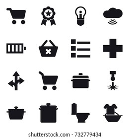 16 vector icon set : cart, medal, bulb, cloud wireless, battery, delete cart, list, pan, toilet, handle washing