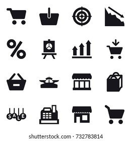 16 vector icon set : cart, basket, target, crisis, percent, presentation, graph up, add to cart, remove from basket, scales, market, shopping bag, sale, cashbox, shop