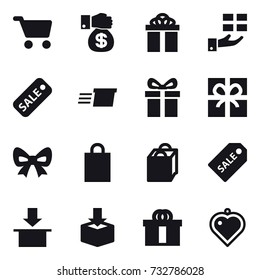16 vector icon set : cart, money gift, gift, sale, delivery, bow, shopping bag, sale label, heart pendant