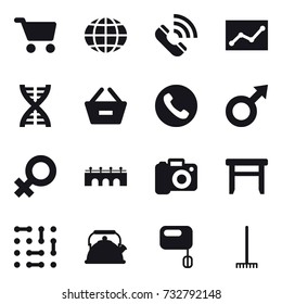16 vector icon set : cart, globe, call, statistic, dna, remove from basket, phone, bridge, camera, stool, kettle, rake