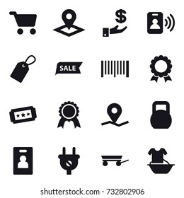 16 vector icon set : cart, pointer, investment, pass card, label, sale, barcode, medal, ticket, identity card, trailer, handle washing